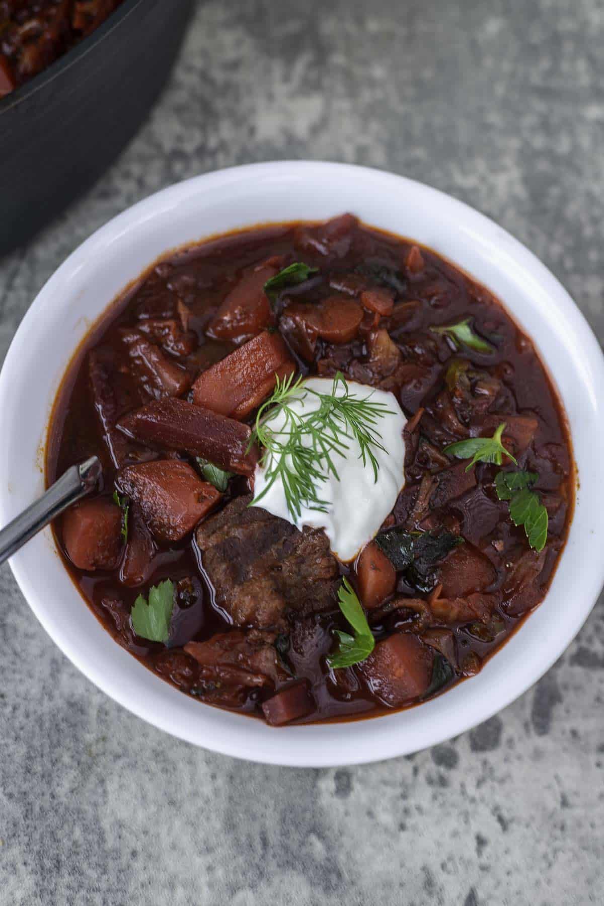 Ukrainian borscht In a white bowl